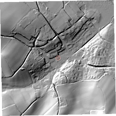 Shaded relief map of the ground around EX68LU, computed from Environment Agency LiDAR. The ground here sits at about 7 m above sea level and falls 49 m across the surrounding 800 m. Surface water reaching this point runs off ground lying to the west-north-west, 29.4 m higher.