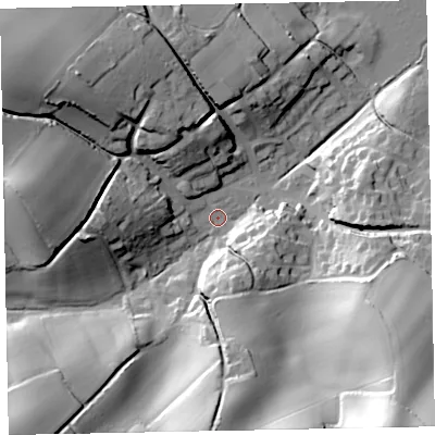 Shaded relief map of the ground around EX68LX, computed from Environment Agency LiDAR. The ground here sits at about 6 m above sea level and falls 55 m across the surrounding 800 m. Surface water reaching this point runs off ground lying to the south, 33.8 m higher.