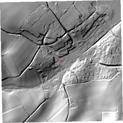 Shaded relief map of the ground around EX68NA, computed from Environment Agency LiDAR. The ground here sits at about 7 m above sea level and falls 54 m across the surrounding 800 m. Surface water reaching this point runs off ground lying to the west-north-west, 30.5 m higher.