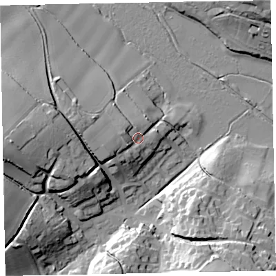 Shaded relief map of the ground around EX68NH, computed from Environment Agency LiDAR. The ground here sits at about 12 m above sea level and falls 35 m across the surrounding 800 m. Surface water reaching this point runs off ground lying to the west-south-west, 9.2 m higher.