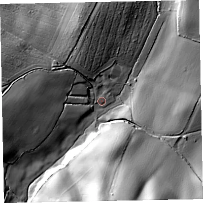 Shaded relief map of the ground around EX68NL, computed from Environment Agency LiDAR. The ground here sits at about 18 m above sea level and falls 49 m across the surrounding 800 m. Surface water reaching this point runs off ground lying to the west-north-west, 1.7 m higher.