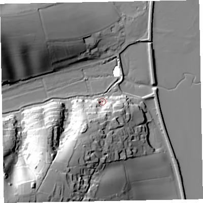 Shaded relief map of the ground around EX68NU, computed from Environment Agency LiDAR. The ground here sits at about 4 m above sea level and falls 65 m across the surrounding 800 m. Surface water reaching this point runs off ground lying to the south-south-west, 32.8 m higher.