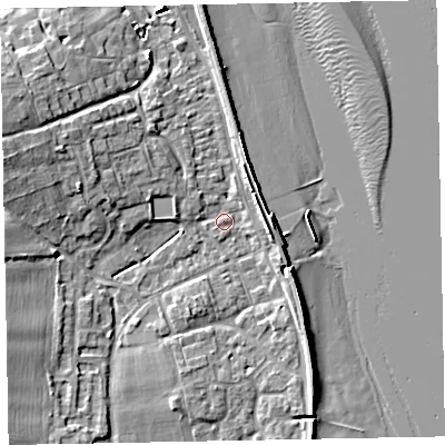 Shaded relief map of the ground around EX68NZ, computed from Environment Agency LiDAR. The ground here sits at about 2 m above sea level and falls 10 m across the surrounding 800 m. Surface water reaching this point runs off ground lying to the west-north-west, 7.5 m higher.