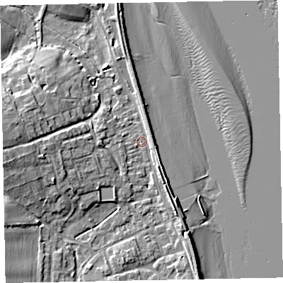Shaded relief map of the ground around EX68PA, computed from Environment Agency LiDAR. The ground here sits at about 2 m above sea level and falls 11 m across the surrounding 800 m. Surface water reaching this point runs off ground lying to the west, 7.5 m higher.