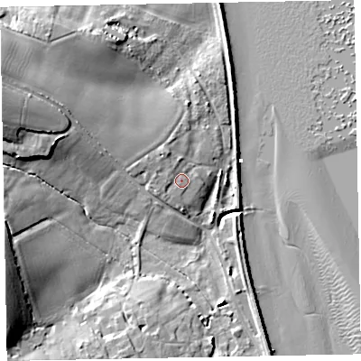 Shaded relief map of the ground around EX68PB, computed from Environment Agency LiDAR. The ground here sits at about 6 m above sea level and falls 17 m across the surrounding 800 m. Surface water reaching this point runs off ground lying to the west-north-west, 2.1 m higher.