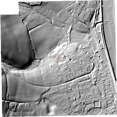 Shaded relief map of the ground around EX68PE, computed from Environment Agency LiDAR. The ground here sits at about 6 m above sea level and falls 33 m across the surrounding 800 m. Surface water reaching this point runs off ground lying to the south-south-west, 3.7 m higher.