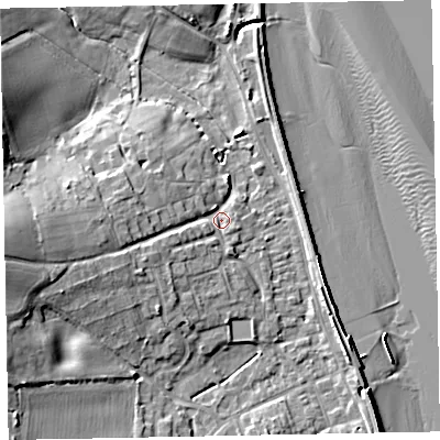 Shaded relief map of the ground around EX68PH, computed from Environment Agency LiDAR. The ground here sits at about 3 m above sea level and falls 14 m across the surrounding 800 m. Surface water reaching this point runs off ground lying to the west, 9.7 m higher.