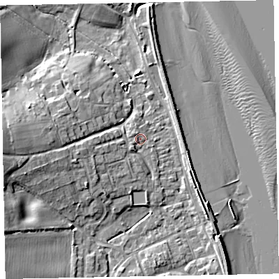 Shaded relief map of the ground around EX68PJ, computed from Environment Agency LiDAR. The ground here sits at about 3 m above sea level and falls 13 m across the surrounding 800 m. Surface water reaching this point runs off ground lying to the south-west, 1.6 m higher.