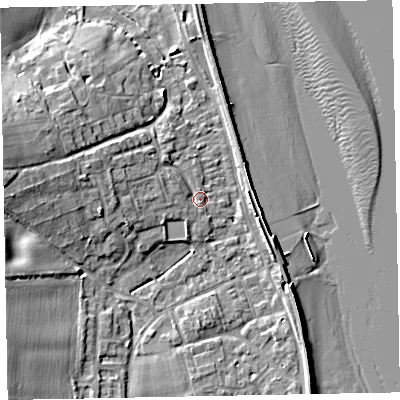 Shaded relief map of the ground around EX68PN, computed from Environment Agency LiDAR. The ground here sits at about 3 m above sea level and falls 12 m across the surrounding 800 m. Surface water reaching this point runs off ground lying to the west-north-west, 3.7 m higher.