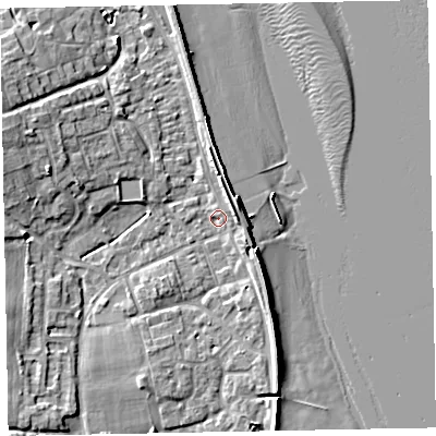 Shaded relief map of the ground around EX68PP, computed from Environment Agency LiDAR. The ground here sits at about 3 m above sea level and falls 10 m across the surrounding 800 m. Surface water reaching this point runs off ground lying to the east-north-east, 3.7 m higher.