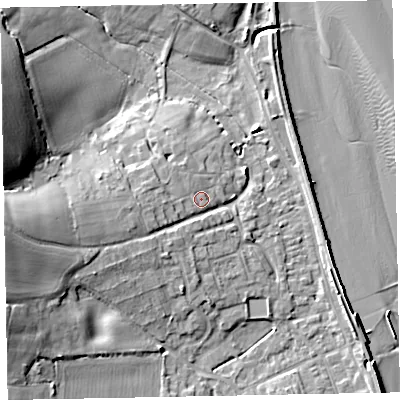 Shaded relief map of the ground around EX68PQ, computed from Environment Agency LiDAR. The ground here sits at about 5 m above sea level and falls 20 m across the surrounding 800 m. Surface water reaching this point runs off ground lying to the west, 3.5 m higher.
