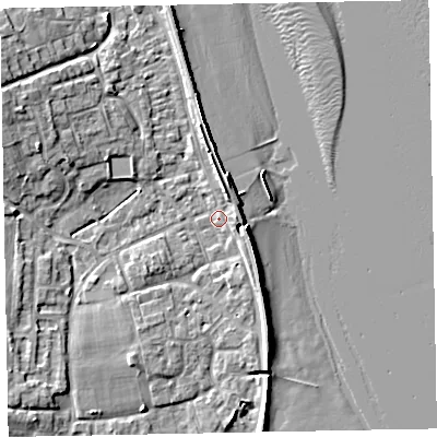 Shaded relief map of the ground around EX68PR, computed from Environment Agency LiDAR. The ground here sits at about 3 m above sea level and falls 9 m across the surrounding 800 m. Surface water reaching this point runs off ground lying to the north-north-east, 3.7 m higher.