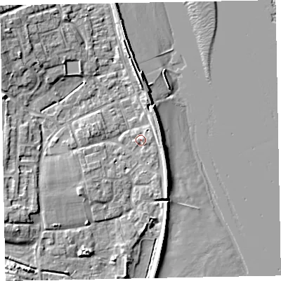 Shaded relief map of the ground around EX68PS, computed from Environment Agency LiDAR. The ground here sits at about 3 m above sea level and falls 9 m across the surrounding 800 m. Surface water reaching this point runs off ground lying to the east-south-east, 0.9 m higher.