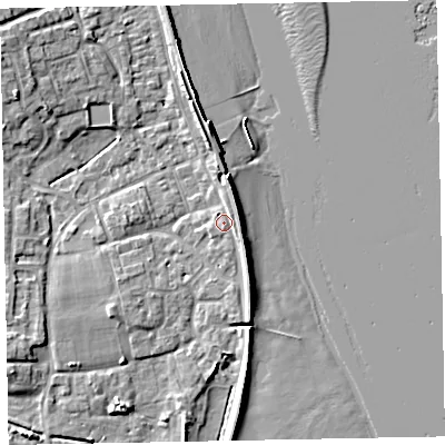 Shaded relief map of the ground around EX68PT, computed from Environment Agency LiDAR. The ground here sits at about 3 m above sea level and falls 9 m across the surrounding 800 m. Surface water reaching this point runs off ground lying to the north-north-east, 1.0 m higher.