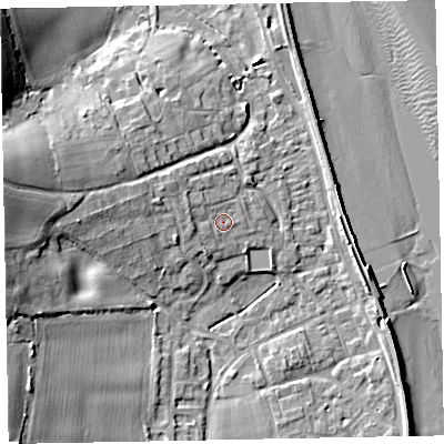 Shaded relief map of the ground around EX68PW, computed from Environment Agency LiDAR. The ground here sits at about 5 m above sea level and falls 16 m across the surrounding 800 m. Surface water reaching this point runs off ground lying to the west-north-west, 2.4 m higher.