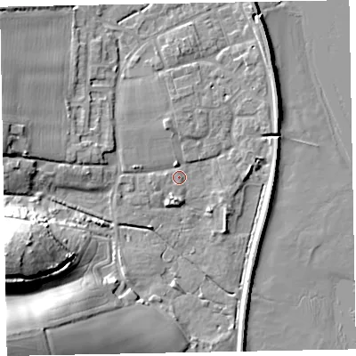 Shaded relief map of the ground around EX68PY, computed from Environment Agency LiDAR. The ground here sits at about 2 m above sea level and falls 34 m across the surrounding 800 m. Surface water reaching this point runs off ground lying to the north, 2.4 m higher.