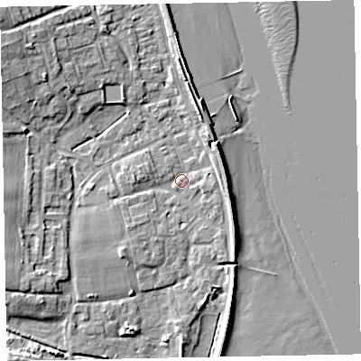Shaded relief map of the ground around EX68PZ, computed from Environment Agency LiDAR. The ground here sits at about 2 m above sea level and falls 10 m across the surrounding 800 m. Surface water reaching this point runs off ground lying to the south-east, 2.6 m higher.