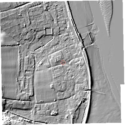 Shaded relief map of the ground around EX68QA, computed from Environment Agency LiDAR. The ground here sits at about 3 m above sea level and falls 20 m across the surrounding 800 m. Surface water reaching this point runs off ground lying to the east-south-east, 2.6 m higher.