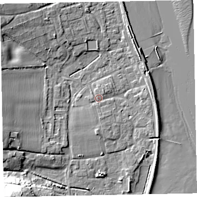Shaded relief map of the ground around EX68QB, computed from Environment Agency LiDAR. The ground here sits at about 3 m above sea level and falls 26 m across the surrounding 800 m. Surface water reaching this point runs off ground lying to the south, 1.4 m higher.