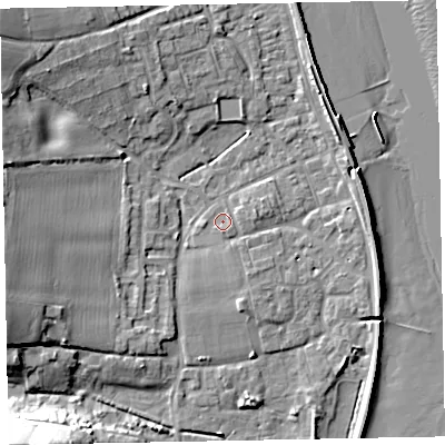 Shaded relief map of the ground around EX68QD, computed from Environment Agency LiDAR. The ground here sits at about 3 m above sea level and falls 26 m across the surrounding 800 m. Surface water reaching this point runs off ground lying to the west, 0.8 m higher.