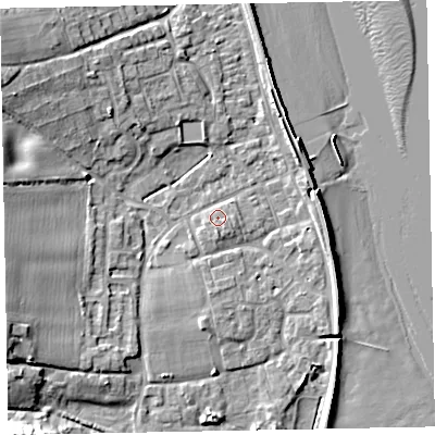 Shaded relief map of the ground around EX68QE, computed from Environment Agency LiDAR. The ground here sits at about 3 m above sea level and falls 12 m across the surrounding 800 m. Surface water reaching this point runs off ground lying to the north-east, 3.7 m higher.