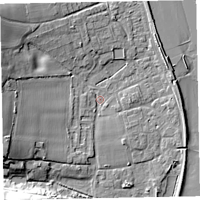 Shaded relief map of the ground around EX68QF, computed from Environment Agency LiDAR. The ground here sits at about 2 m above sea level and falls 21 m across the surrounding 800 m. Surface water reaching this point runs off ground lying to the south-south-west, 3.3 m higher.