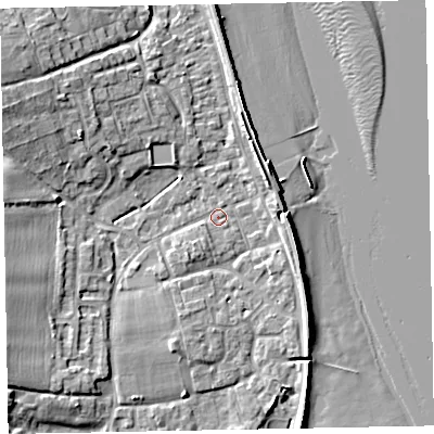 Shaded relief map of the ground around EX68QG, computed from Environment Agency LiDAR. The ground here sits at about 2 m above sea level and falls 11 m across the surrounding 800 m. Surface water reaching this point runs off ground lying to the north-east, 3.7 m higher.