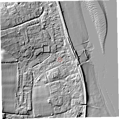 Shaded relief map of the ground around EX68QH, computed from Environment Agency LiDAR. The ground here sits at about 2 m above sea level and falls 11 m across the surrounding 800 m. Surface water reaching this point runs off ground lying to the west-north-west, 7.7 m higher.