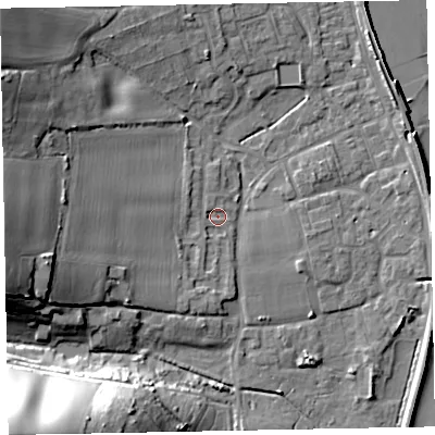 Shaded relief map of the ground around EX68QJ, computed from Environment Agency LiDAR. The ground here sits at about 3 m above sea level and falls 38 m across the surrounding 800 m. Surface water reaching this point runs off ground lying to the south-south-west, 1.2 m higher.