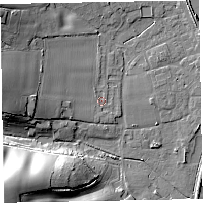Shaded relief map of the ground around EX68QL, computed from Environment Agency LiDAR. The ground here sits at about 4 m above sea level and falls 43 m across the surrounding 800 m. Surface water reaching this point runs off ground lying to the west, 11.4 m higher.
