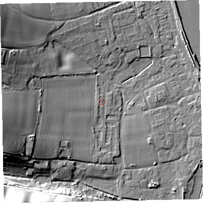 Shaded relief map of the ground around EX68QN, computed from Environment Agency LiDAR. The ground here sits at about 4 m above sea level and falls 25 m across the surrounding 800 m. Surface water reaching this point runs off ground lying to the west-south-west, 18.6 m higher.