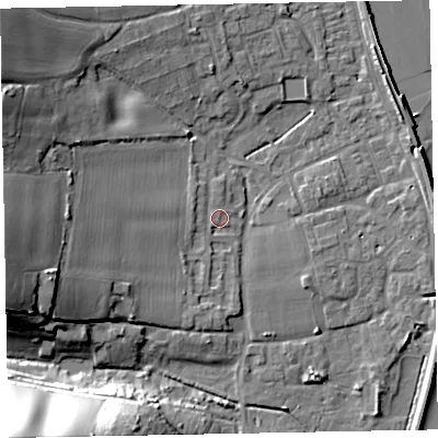 Shaded relief map of the ground around EX68QP, computed from Environment Agency LiDAR. The ground here sits at about 4 m above sea level and falls 35 m across the surrounding 800 m. Surface water reaching this point runs off ground lying to the west-south-west, 16.1 m higher.