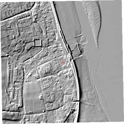 Shaded relief map of the ground around EX68QQ, computed from Environment Agency LiDAR. The ground here sits at about 2 m above sea level and falls 10 m across the surrounding 800 m. Surface water reaching this point runs off ground lying to the south-south-east, 2.6 m higher.