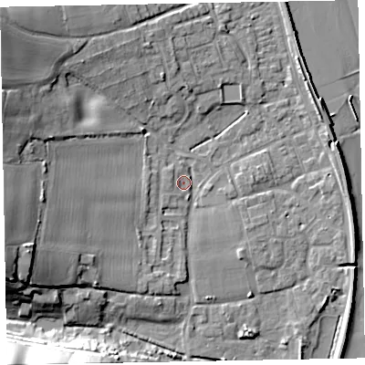 Shaded relief map of the ground around EX68QR, computed from Environment Agency LiDAR. The ground here sits at about 3 m above sea level and falls 26 m across the surrounding 800 m. Surface water reaching this point runs off ground lying to the south-south-west, 3.3 m higher.