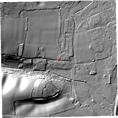 Shaded relief map of the ground around EX68QT, computed from Environment Agency LiDAR. The ground here sits at about 5 m above sea level and falls 46 m across the surrounding 800 m. Surface water reaching this point runs off ground lying to the west-north-west, 9.1 m higher.