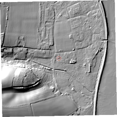 Shaded relief map of the ground around EX68QU, computed from Environment Agency LiDAR. The ground here sits at about 3 m above sea level and falls 40 m across the surrounding 800 m. Surface water reaching this point runs off ground lying to the north-north-west, 1.0 m higher.