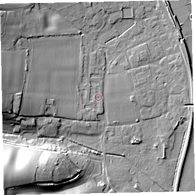 Shaded relief map of the ground around EX68QW, computed from Environment Agency LiDAR. The ground here sits at about 4 m above sea level and falls 39 m across the surrounding 800 m. Surface water reaching this point runs off ground lying to the south-west, 1.4 m higher.