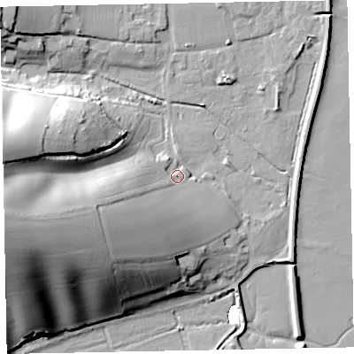 Shaded relief map of the ground around EX68QX, computed from Environment Agency LiDAR. The ground here sits at about 7 m above sea level and falls 41 m across the surrounding 800 m. Surface water reaching this point runs off ground lying to the west-south-west, 34.6 m higher.