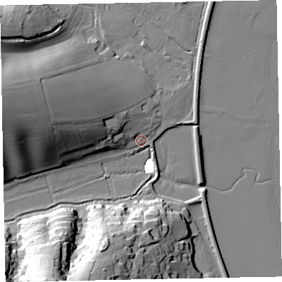 Shaded relief map of the ground around EX68QY, computed from Environment Agency LiDAR. The ground here sits at about 3 m above sea level and falls 47 m across the surrounding 800 m. Surface water reaching this point runs off ground lying to the west-north-west, 22.7 m higher.