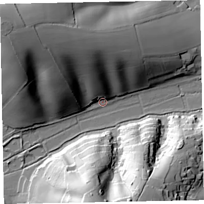 Shaded relief map of the ground around EX68QZ, computed from Environment Agency LiDAR. The ground here sits at about 2 m above sea level and falls 60 m across the surrounding 800 m. Surface water reaching this point runs off ground lying to the north-west, 51.3 m higher.