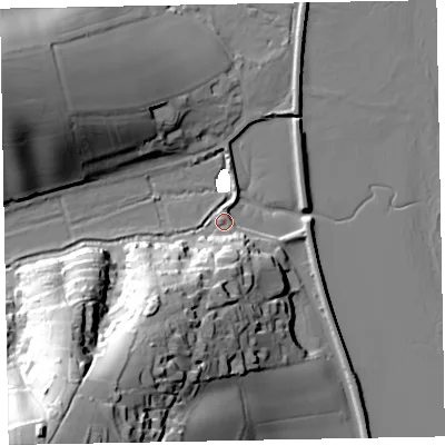 Shaded relief map of the ground around EX68RA, computed from Environment Agency LiDAR. The ground here sits at about 3 m above sea level and falls 62 m across the surrounding 800 m. Surface water reaching this point runs off ground lying to the south-south-west, 34.3 m higher.