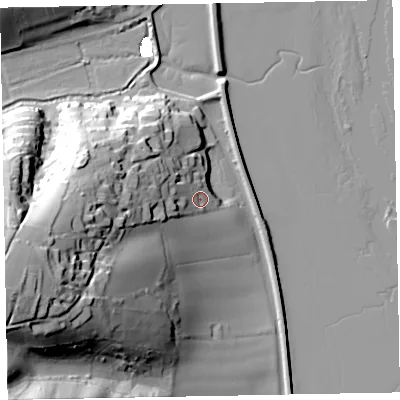Shaded relief map of the ground around EX68RG, computed from Environment Agency LiDAR. The ground here sits at about 10 m above sea level and falls 59 m across the surrounding 800 m. Surface water reaching this point runs off ground lying to the west-south-west, 33.9 m higher.