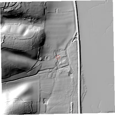 Shaded relief map of the ground around EX68RJ, computed from Environment Agency LiDAR. The ground here sits at about 4 m above sea level and falls 58 m across the surrounding 800 m. Surface water reaching this point runs off ground lying to the west-north-west, 53.9 m higher.