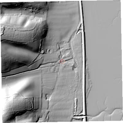 Shaded relief map of the ground around EX68RL, computed from Environment Agency LiDAR. The ground here sits at about 5 m above sea level and falls 58 m across the surrounding 800 m. Surface water reaching this point runs off ground lying to the south-west, 51.6 m higher.