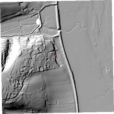 Shaded relief map of the ground around EX68RQ, computed from Environment Agency LiDAR. The ground here sits at about 2 m above sea level and falls 58 m across the surrounding 800 m. Surface water reaching this point runs off ground lying to the west-south-west, 55.4 m higher.