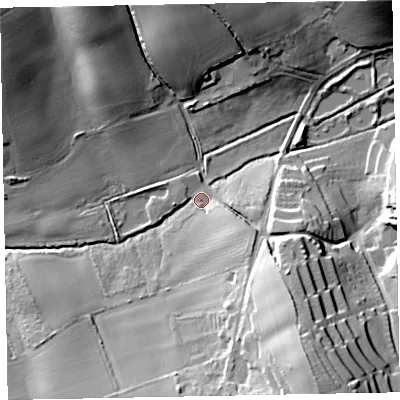 Shaded relief map of the ground around EX68RR, computed from Environment Agency LiDAR. The ground here sits at about 3 m above sea level and falls 31 m across the surrounding 800 m. Surface water reaching this point runs off ground lying to the south-south-east, 30.1 m higher.