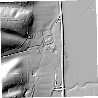 Shaded relief map of the ground around EX68RU, computed from Environment Agency LiDAR. The ground here sits at about 4 m above sea level and falls 55 m across the surrounding 800 m. Surface water reaching this point runs off ground lying to the west, 2.3 m higher.
