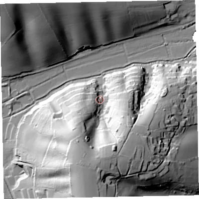 Shaded relief map of the ground around EX68RW, computed from Environment Agency LiDAR. The ground here sits at about 14 m above sea level and falls 64 m across the surrounding 800 m. Surface water reaching this point runs off ground lying to the south, 54.6 m higher.