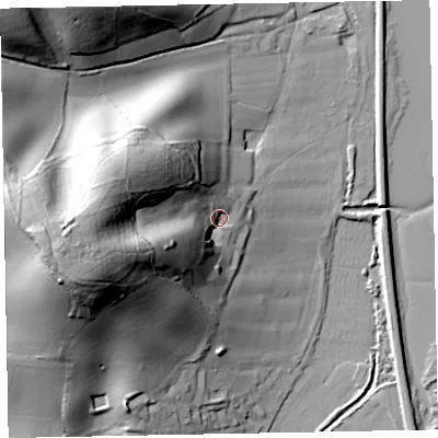 Shaded relief map of the ground around EX68RX, computed from Environment Agency LiDAR. The ground here sits at about 14 m above sea level and falls 60 m across the surrounding 800 m. Surface water reaching this point runs off ground lying to the west, 45.3 m higher.
