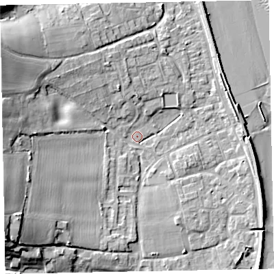Shaded relief map of the ground around EX68SA, computed from Environment Agency LiDAR. The ground here sits at about 3 m above sea level and falls 19 m across the surrounding 800 m. Surface water reaching this point runs off ground lying to the west-south-west, 15.1 m higher.
